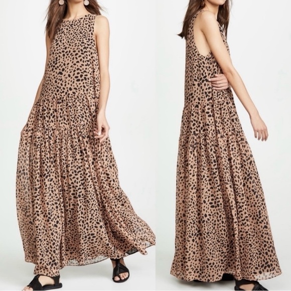Fame & Partners DRESS Size 4 Gathered Full Maxi in Tan Feline Spot Animal Print - Picture 1 of 16